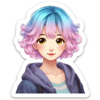 Gorgeous anime style shojo character with blushing face aesthetic and pretty colorful shiny gradient pastel hair with hair garment trending style sticker