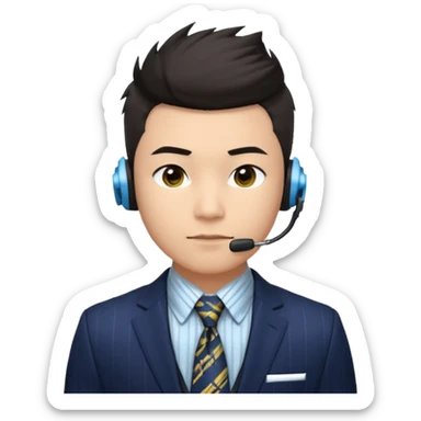A young Asian man with light skin, short dark hair styled upward with a spiked swoop in front, a clean-shaven face, focused eyes, and a slim headset over one ear, wearing a dark pinstripe suit with a patterned dress shirt and a bright solid-colored tie visible from the chest up. sticker