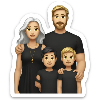 Daddy with white skin wear black shirt and his wife with same skin tone wear black long blaus and wear black shawl also his son wear black tshirt sticker