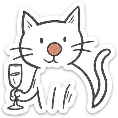 black cat with a red clown nose and a champagne glass, hand-drawn and quirky sticker