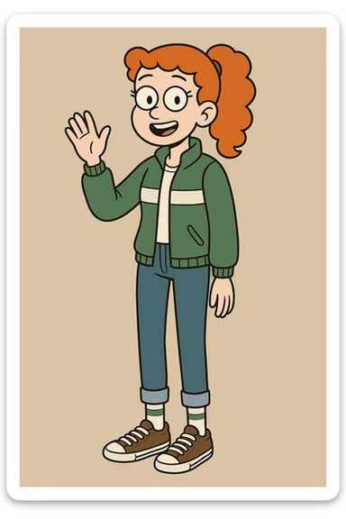 A girl Orange curly ponytail white green stripes ddre sshair jacket jeans blue sports striped socks brown converse women's chuck taylor all star shoreline slip on casual shoe wave and say hello sticker