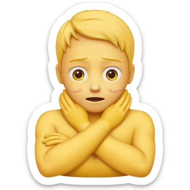 Yellow face emoji strangling itself with 2 arms crossed and hands saround neck and eyes looking up  sticker