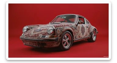 Closeup shot of a porsche 911, body of car made of russian carpet with patterns, red solid studio background,top low key light, dutch angle, haze, captured by ARRI 65 sticker