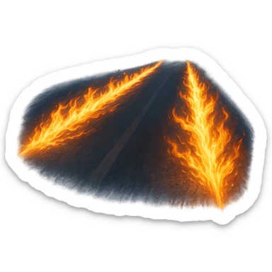 two parallel flaming tire trails on a road, inspired by the Back to the Future scene where the car disappears at 88mph, no car visible, just the fiery tracks, cinematic, dynamic, no background sticker