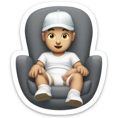 Young white man in unlabeled baseball hat rocking a white infant baby in puffy grey rocker  sticker