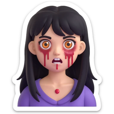 scary zombie girl emoji, medium long black hair with bangs, scary expression sticker