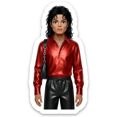 Michael Jackson with brown eyes, long black hair, red metallic shirt, black metallic baggy pants, silver necklace sticker