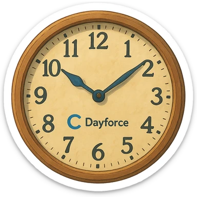 ghibli style illustration of a clock with subtle Dayforce branding sticker