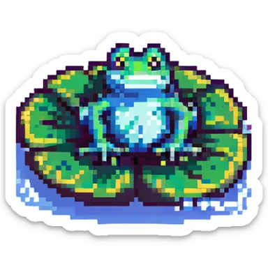 a sad frog pixel art sitting on a lily pad sticker