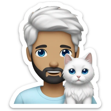 A guy with a black earing and black short hair and black beard and holding a all white Siberian cat with blue eyes  sticker