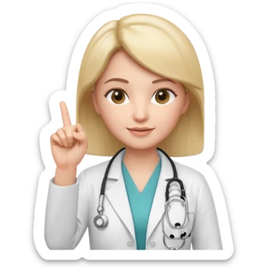 3D memoji style female doctor, white medical coat, stethoscope, raising index finger up like giving important advice, confident facial expression, slight smile, centered, transparent background, sticker