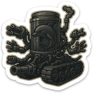 Create a retro sticker style image of a dolphin in a water tank mounted on tank treads, equipped with robotic arms with ranged weapons. The style should be less colorful, very menacing, and inspired by the gritty metallic look and mood of the attached skull tank image. No border around the sticker. sticker