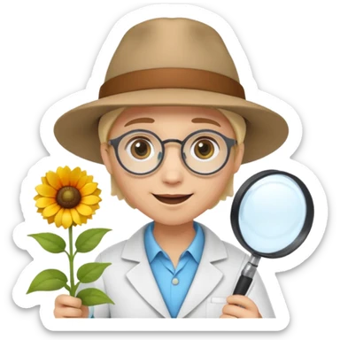 A 3D cartoon scientist wearing a hat and holding a magnifying glass close to bright flowers, curious expression, detailed Memoji-style realism.A 3D cartoon scientist wearing a hat and holding a magnifying glass close to bright flowers, curious expression, warm daylight. sticker