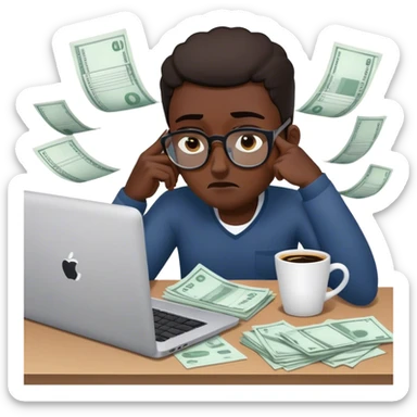 Create an emoji of a tired entrepreneur sitting at a laptop, surrounded by floating invoices and bills. The character looks exhausted, with dark circles under their eyes and a coffee cup in hand, symbolizing constant financial stress." sticker