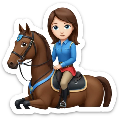 A brown hair, blue eyes girl riding a bay horse with black saddle and bridle sticker