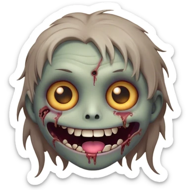 Cinematic Cute Zombie Portrait Emoji, with a delightfully quirky, slightly disheveled face in muted ashen hues, featuring quirky bright eyes and a playful, stitched-together smile, simplified yet irresistibly charming, highly detailed with a soft glowing outline that captures the adorable, offbeat spirit of a zombie who’s more cute than creepy! sticker