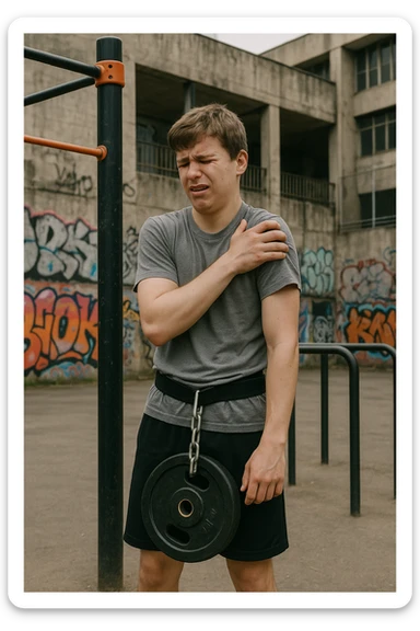 Giovane atleta neofita, fisico normale e non ancora sviluppato, si allena per la prima volta in uno spazio urbano per streetlifting: sbarra per trazioni, parallele, e pesi appesi alla cintura. Ma si è infortunato perchè non faceva le cose con la giusta tecnica. sticker