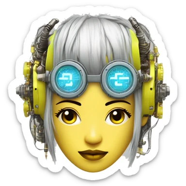 Neon yellow bobbed hair Asian female cyborg head with silver steampunk goggles and circuits sticker