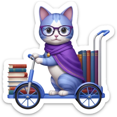 Purple and blue cat with reading glasses and a shawl, standing behind a 4 wheeled pushcart full of books sticker