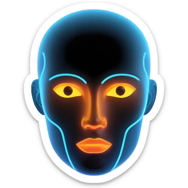 Minimalist futuristic AI avatar — clean glowing outline of a humanoid face, half-abstract with light reflections. sticker
