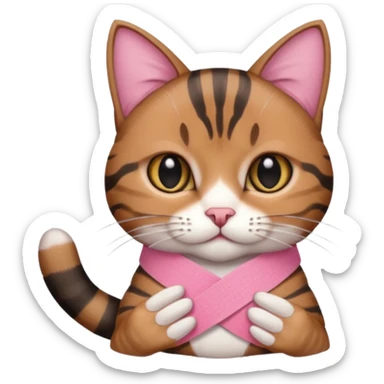 a  brown and black tabby cat, with a pink bandage on her front paw, sticker