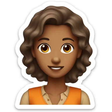 a charming tanned woman wavy chocolate hair, caramel eyes, beige shirt, orange vest sticker