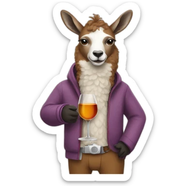 Lama wearing pants drinking wine with a dog sticker