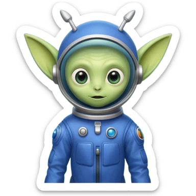 Small green alien with 3 eyes and one skin colored antenna on top of his head and pointy ears wearing a blue space suit  sticker