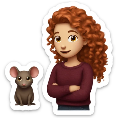 red-haired girl with long hair and curls in a burgundy sweater and a rat on her shoulder sticker