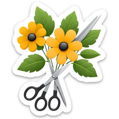 Minimalistic flat vector icon, iOS style, thin black contour on white background. Flower bouquet with leaves and scissors. No text, no shadows. sticker