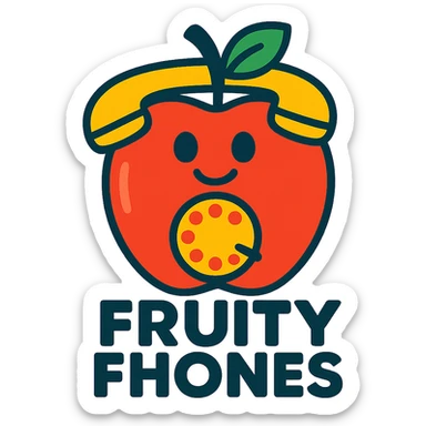 Fruity Fhones logo, a phone shaped as an apple, cheerful and simple, for a children's starter phone brand sticker