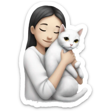 White cat with grey and black spots hugging girl sticker