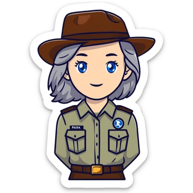 white woman park ranger with brown and gray hair and blue eyes sticker