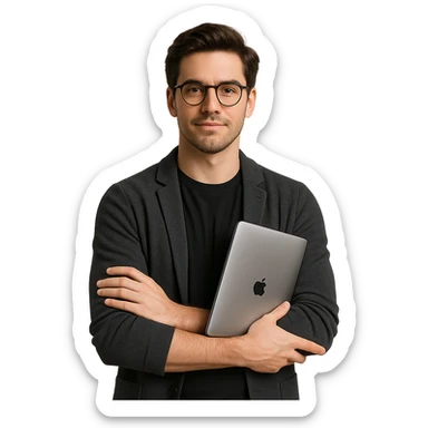 web developer with brown hair, arms folded, holding a MacBook, confident expression, modern style, professional, tech vibe sticker