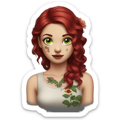 girl with dark red hair and flowers tattoo shoulder, green eyes sticker
