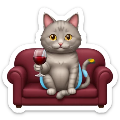 gray Cat sitting On A Couch holding Wine sticker