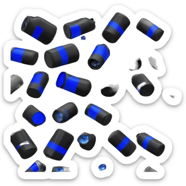 Futuristic tall thin narrow width rectangular military cannister colored matte black with cobalt blue rock crystals peeking out sticker