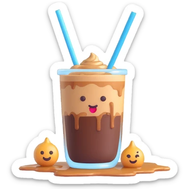 A 3D style emoji of Vietnamese iced coffee with a glass, straw, and coffee drips, featuring a coffee drop on the glass. sticker