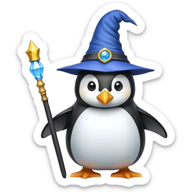 Penguin wearing a wizard hat and holding a magic wand sticker