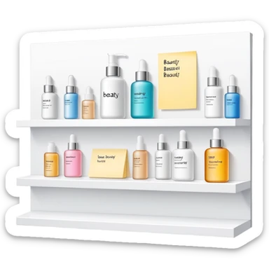 big long white shelf with one serum bottle labeled beauty brand and large sticky note next to it sticker