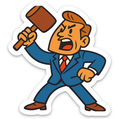 cartoonish lawyer character with exaggerated features, like a big gavel or a dramatic pose sticker
