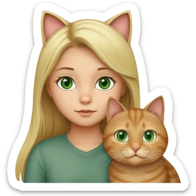 blonde girl with long blonde hair with tabby brown cat with green eyes and chubby gray cat with big green eyes sticker
