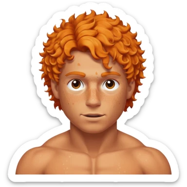 A shirtless muscular White man, with curly Orange short hair, táper Fade cut And FreCles on the face sticker
