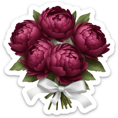 Big bouquet of burgundy peonies with a white satin ribbon sticker