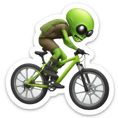 alien ride on downhill bike wearing a hat sticker