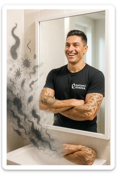 a man stands, looking relieved and revitalized as he examines his reflection in the mirror. In the foreground, stylized, shadowy images of parasites (such as worms or protozoa) are shown leaving his body, dissolving into mist or fading away. His posture is upright and his expression is one of newfound energy and health. sticker