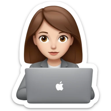 memoji of a brown hair white skin female with a grey laptop in front, apple-style, modern sticker