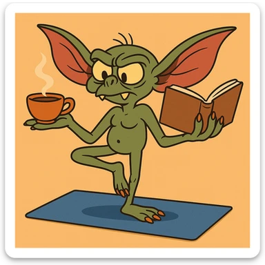 Add a yoga mat under the gremlin, keeping the cartoon style with clear lines and bright colors. sticker