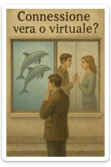 Vertical format: An Italian text 'Connessione vera o virtuale?' with a man reflecting in front of a shop window: on one side two dolphins swimming in sync, on the other side a human couple separated by a screen, symbolic and thoughtful. sticker
