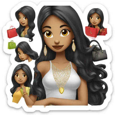 girl with long black hair with lots of designer shopping bags in her and a fat diamond engagement ring  sticker